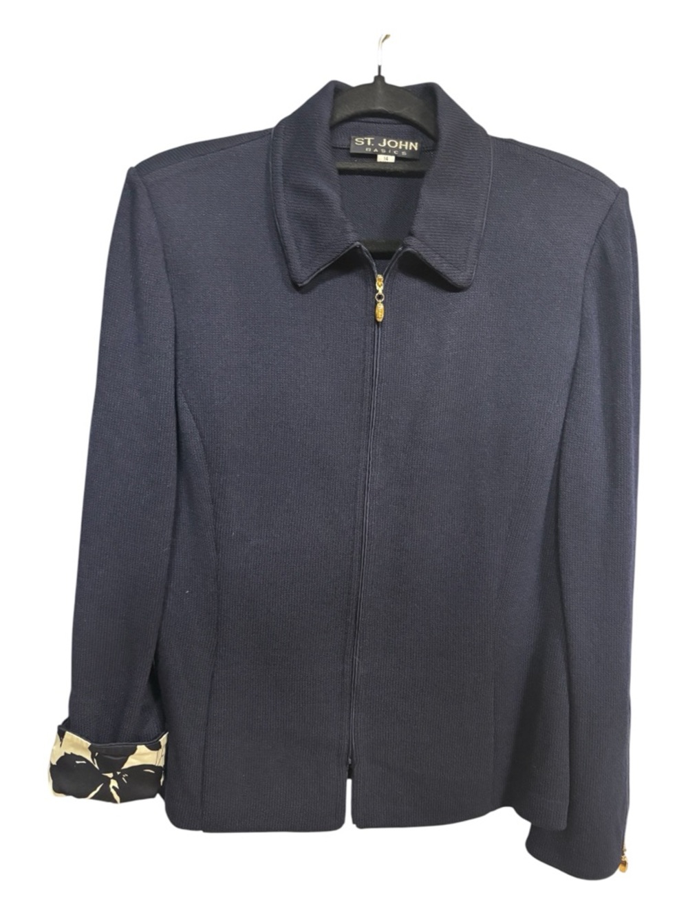 St. John Santana Knit Navy Zip Jacket w Silk Botanical Cuffs/Collar Sz 14 EUC